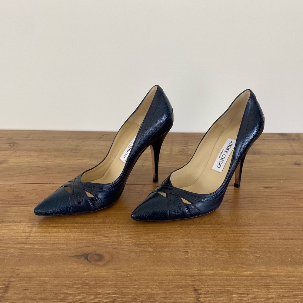 Jimmy Choo Textured Leather Dark Blue Heels - Picture 2 of 15